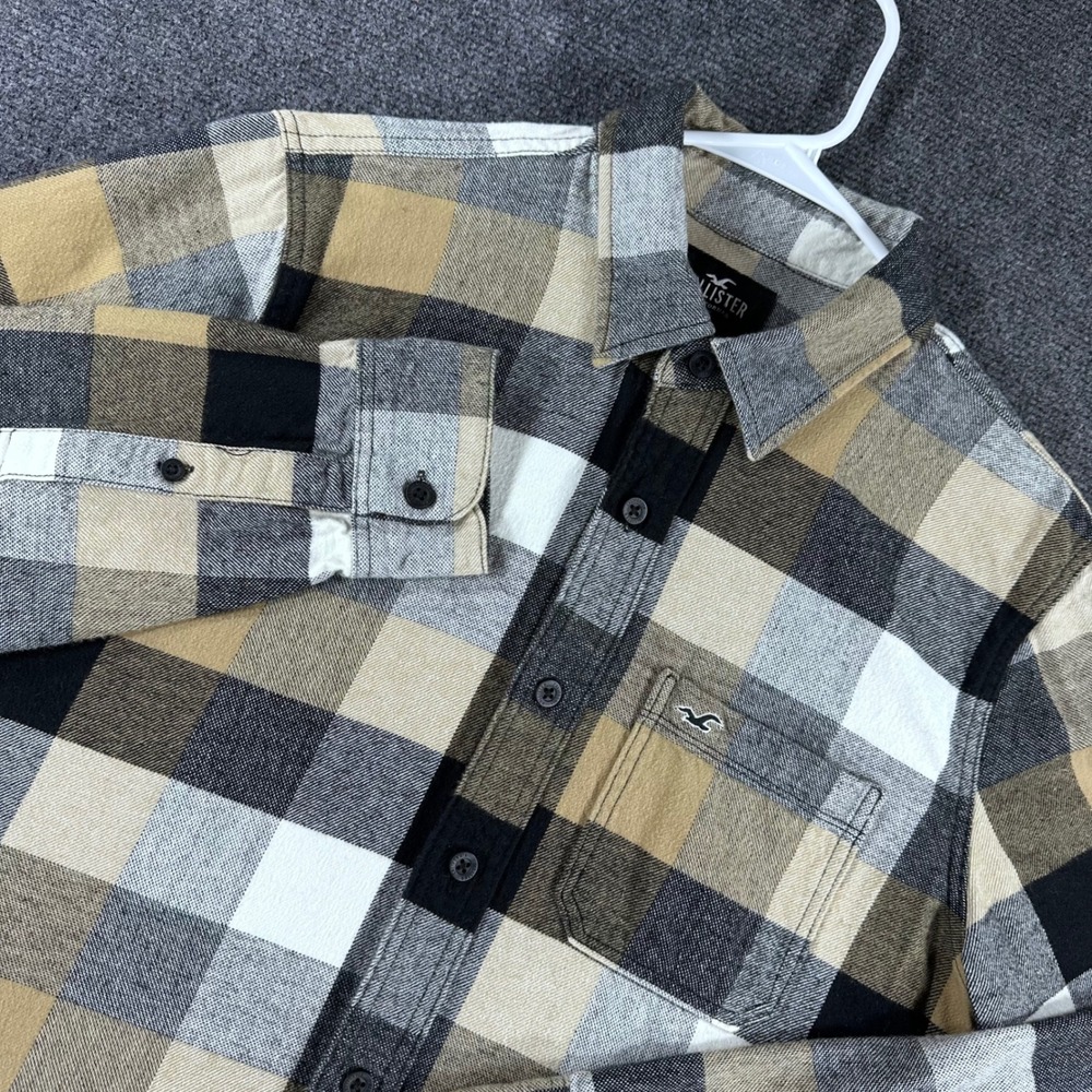 Hollister Flannel Shirt Mens M Medium Tan Black Plaid Long Sleeve Button Up